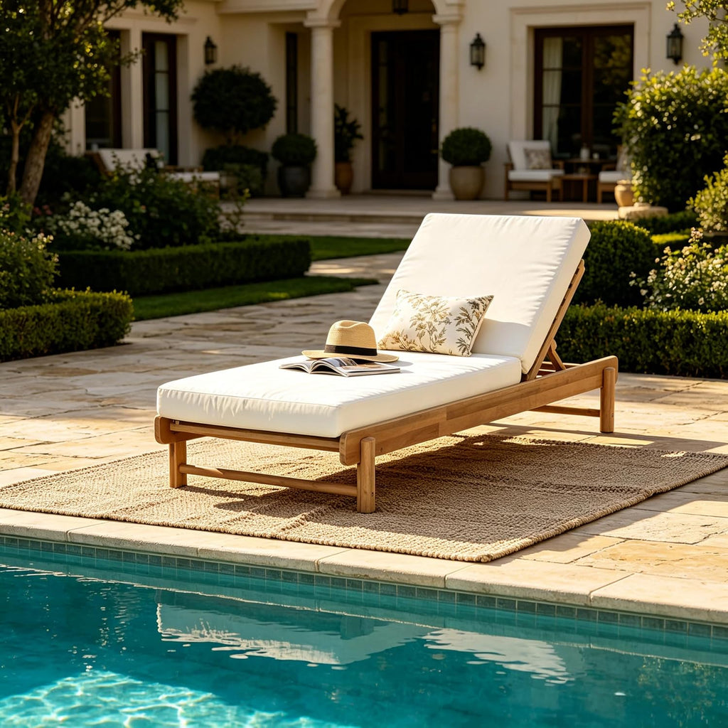 Outdoor Chaise Lounge with 4" Water-Resistant Cushion, Acacia Wood Recliner Chair Frame with Slatted Design