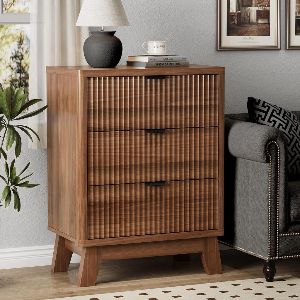 Fluted Nightstand with 3 Storage Drawers, 24" Wide Wood Bedside Table with Mental Handle, Mid Century Modern Wooden