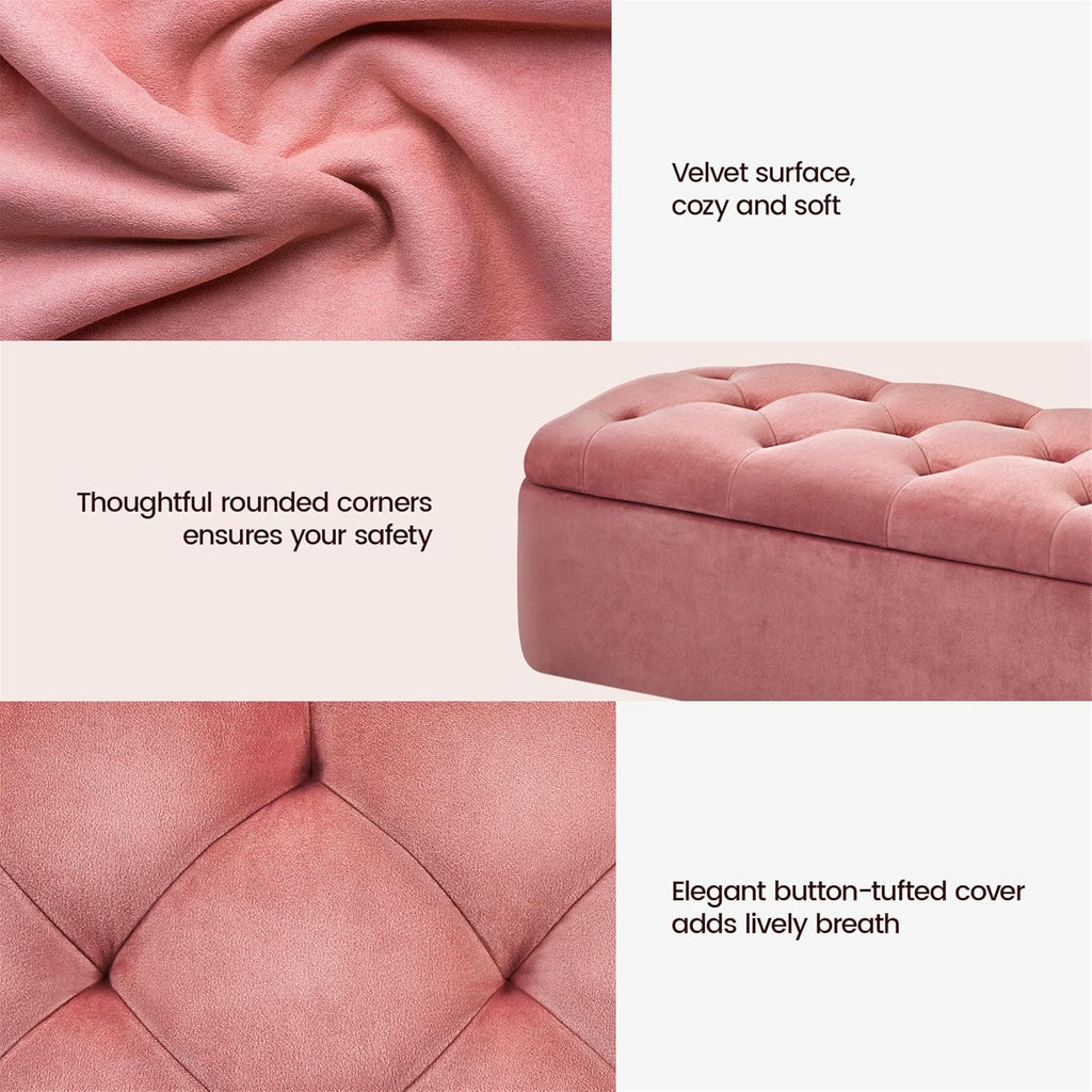 43in Velvet Storage Ottoman Bench End of Bed, Pink | Button-Tufted Ottoman Bench with 1.9C Storage Space, Tapered
