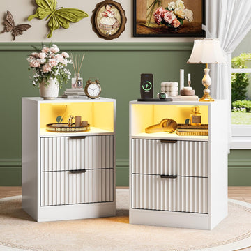 White Night Stand Set 2, LED Nightstand with Charging Station, Fluted Nightstands Set of 2 with 2 Drawers, Wood Side