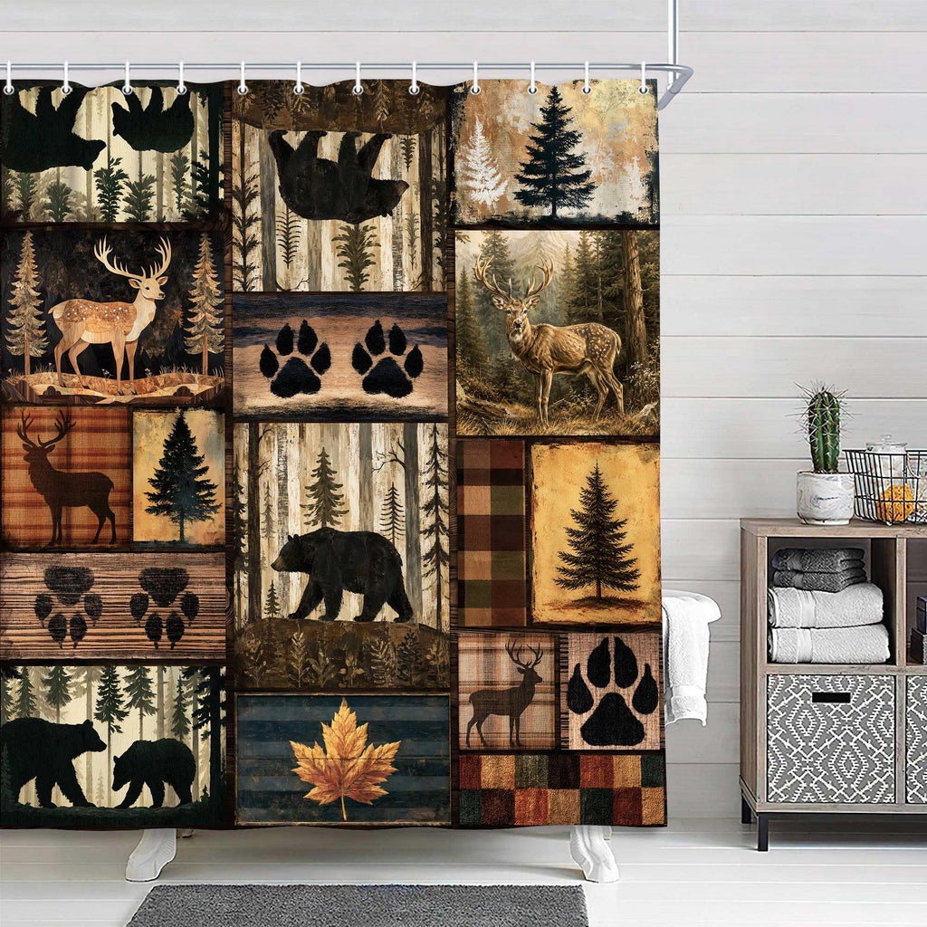 Rustic Cabin Bear Deer Pine Tree Print Vintage Woodland Lodge Bathroom Curtain Country Farmhouse Animal Paw Plaid