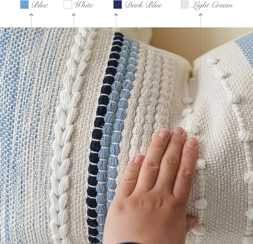 Coastal Blue Boho Decorative Throw Pillow Cover 20x20 Modern Bohemian Accent Pillow Case Square Woven Textured