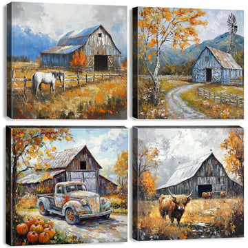 Autumn Forest Wall Art Cow Pictures Wall Decor Farmhouse Barn Windmill Truck Painting Farm Animals Horse Canvas