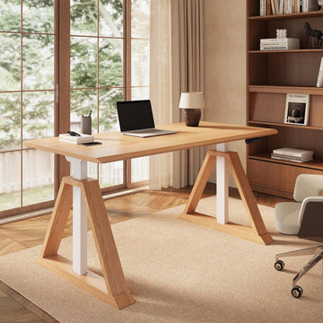 60 x 30 Inch Oak Executive Standing Desk, Natural | Japandi-Inspired Sit-Stand Desk, Architectural V-Frame Design