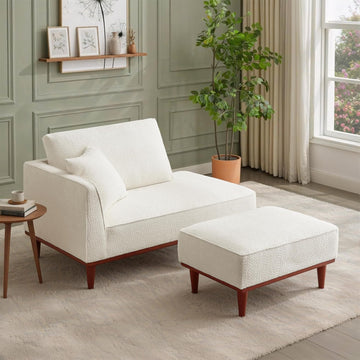 Modern Chaise Lounge Chair and Ottoman — White Boucle