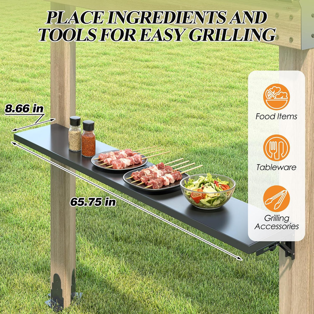 7.7'x5.7' Outdoor Grill Wood Gazebo - Hardtop Gazebo with 2 Side Shelves and Galvanized Steel Roof