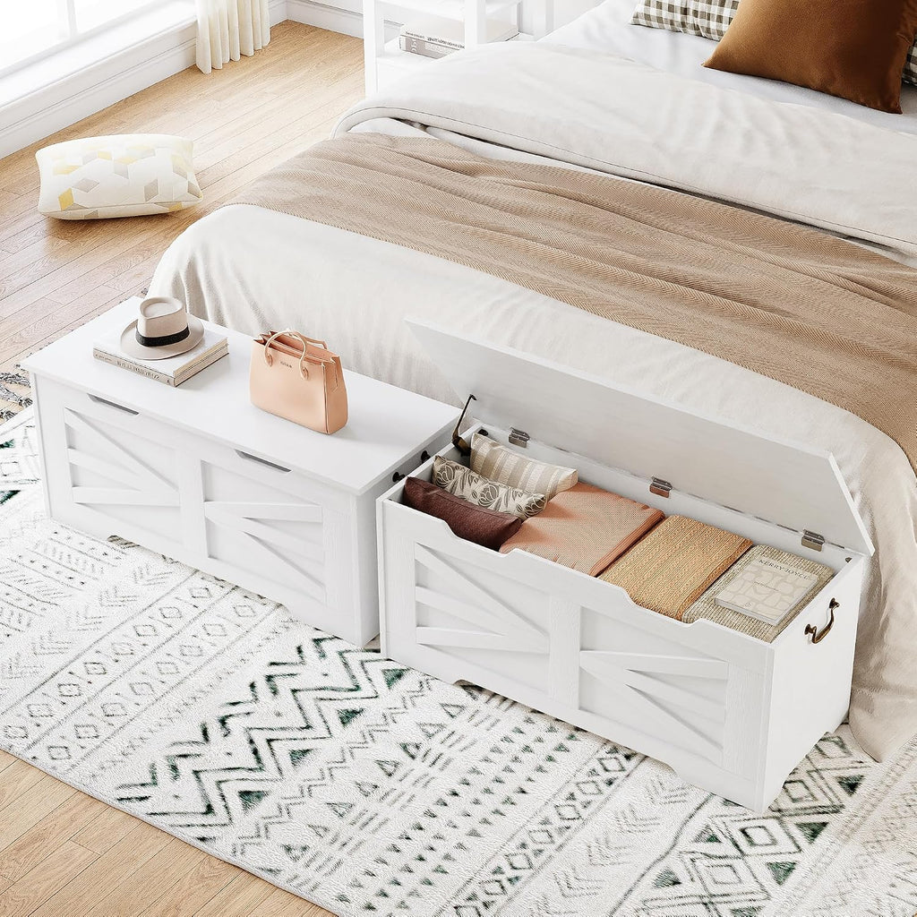39.4" Large Wooden Storage Chest Bench with Safety Hinge, Blanket Chest , Farmhouse Storage Trunk , Sturdy Entryway
