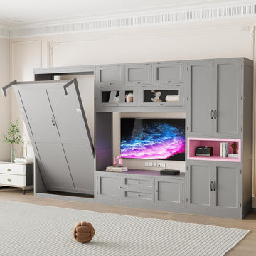 Twin Wooden Murphy Bed with TV Stand, Space-Saving Wall Bed Frame with 2 Drawers, Shelves, Cabinets, Foldable