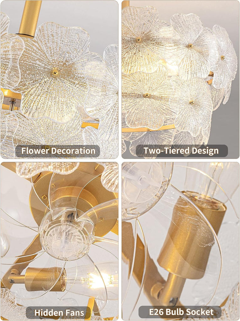 Gold Flower Crystal Ceiling Fan with Lights,20" Caged Fandelier with Remote Control