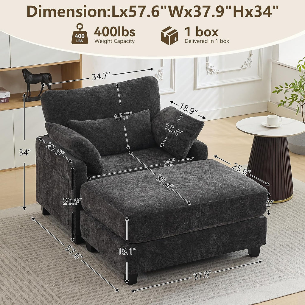 57.5" Oversized Chaise Lounge with Ottoman Indoor, Grey Reading Chair with Ottoman & Sofa Bed, Chenille Upholstered