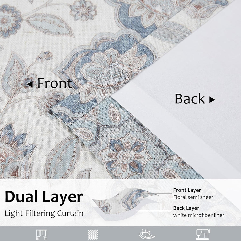 Navy Blue Floral Pinch Pleated Light Filtering Curtain Panel, 40"Wx90"Lx2