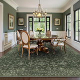 8x10 Washable Vintage Green Area Rug, Floral Low Pile Non-Slip Carpet for Living Room Bedroom
