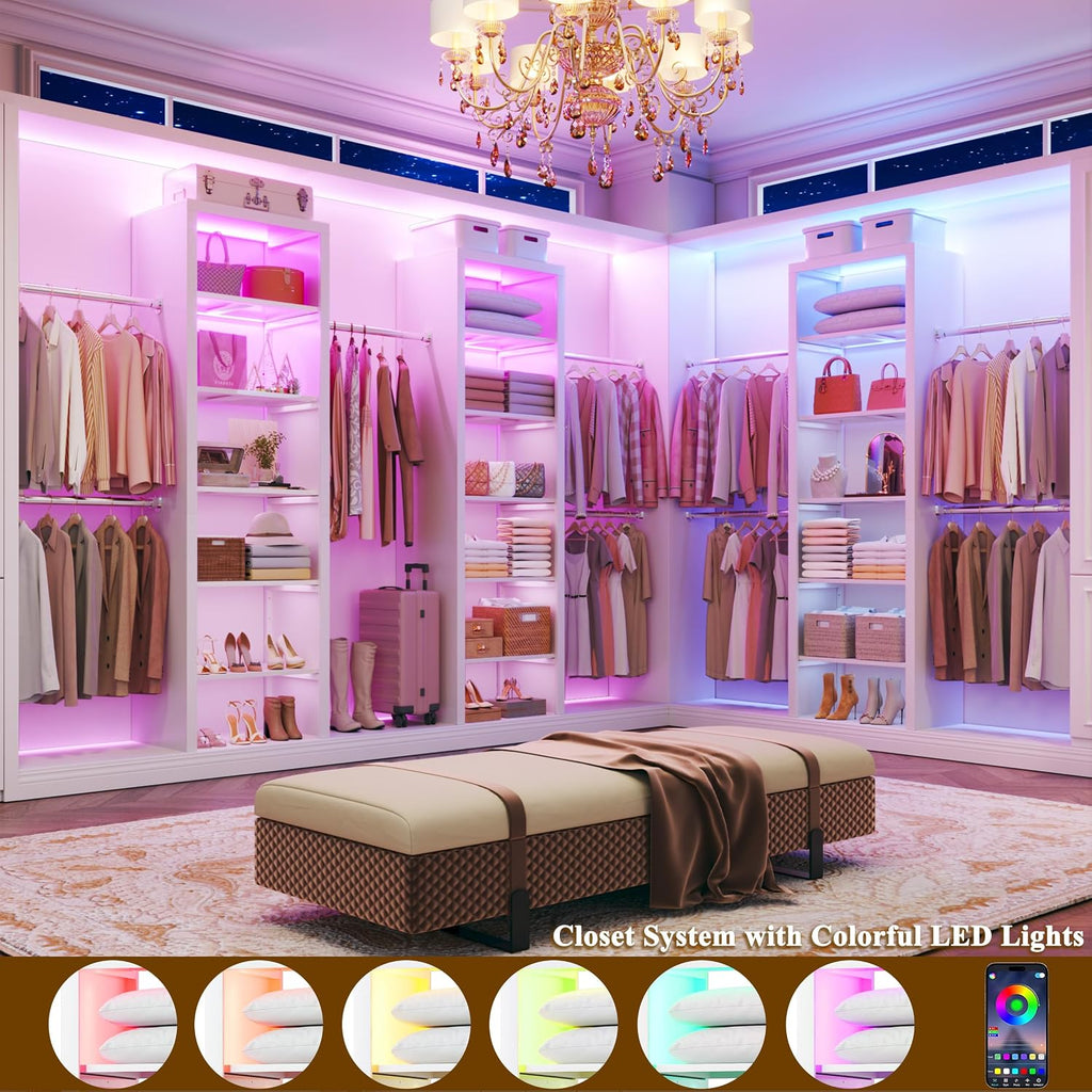 100'' Closet System with 4 Hanging Rods & LED Lights, 2-8 FT Wood Closet Organizer Systems with 5 Shelves, 6 Height