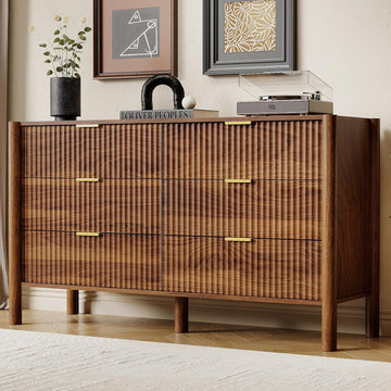 55" Wide 6-Drawer Fluted Dresser , Mid-Century Modern Chest with Solid Wood Legs, Large Storage Organizer,Metal