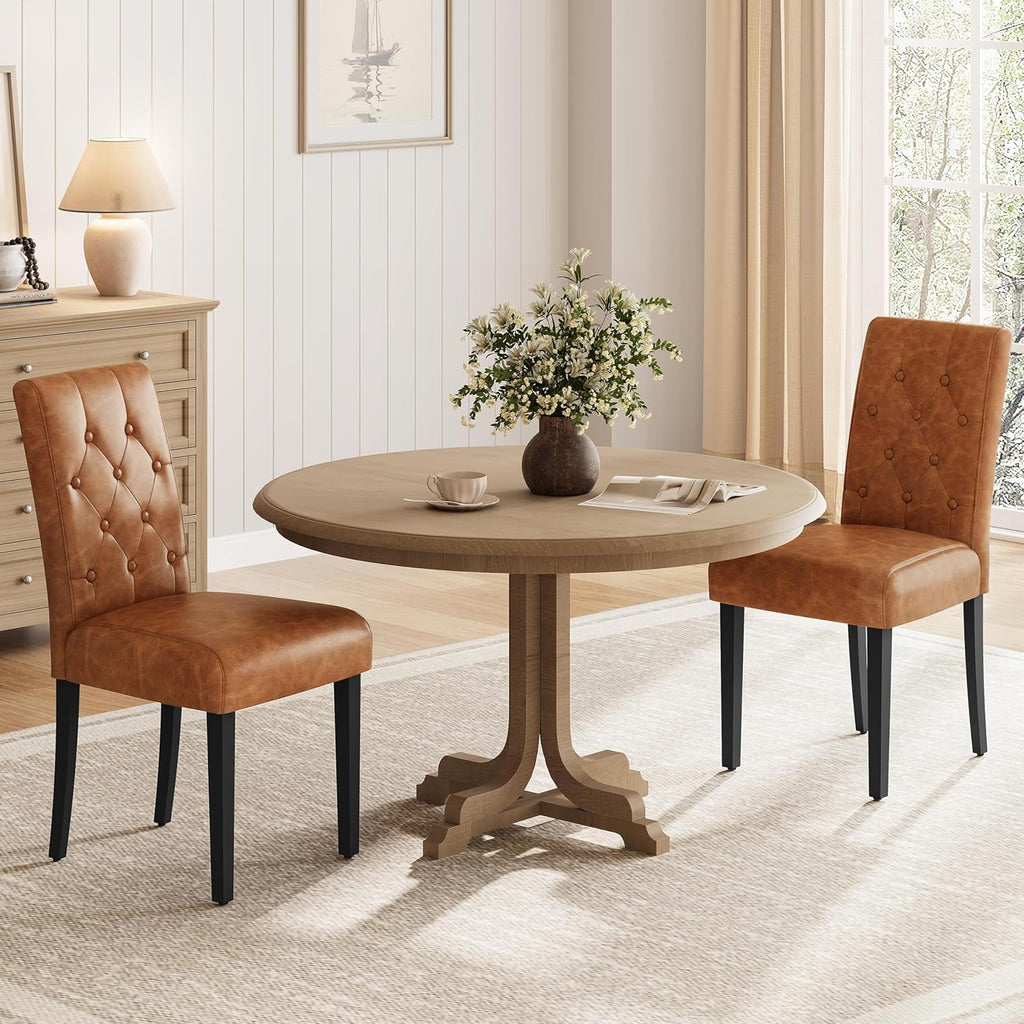 Upholstered Dining Chairs Set of 2 Modern Leather Parsons Kitchen Chairs with Button Tufted High Back and Solid Wood