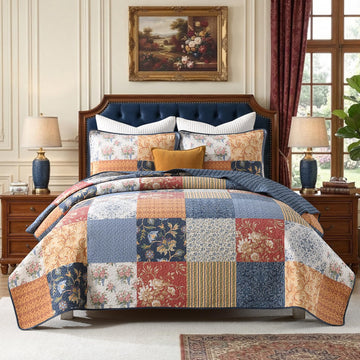 Vintage Cottage 100% Cotton Quilts, Patchwork Floral Plaid