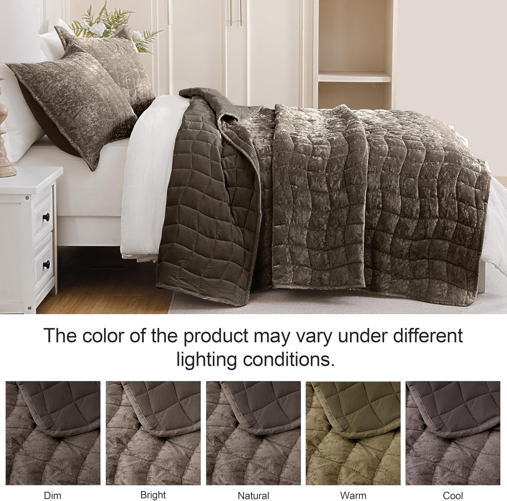 3 Pieces Velvet Quilt Set King, Brown | All Season Soft Lightweight Quilted Velvet Bedspread Coverlet Bedding with 2