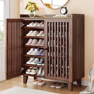 Shoe Cabinet with Slatted Doors, 6-Tier Shoe Storage Cabinet with Adjustable Shelves, Wooden Shoe Rack Organizer