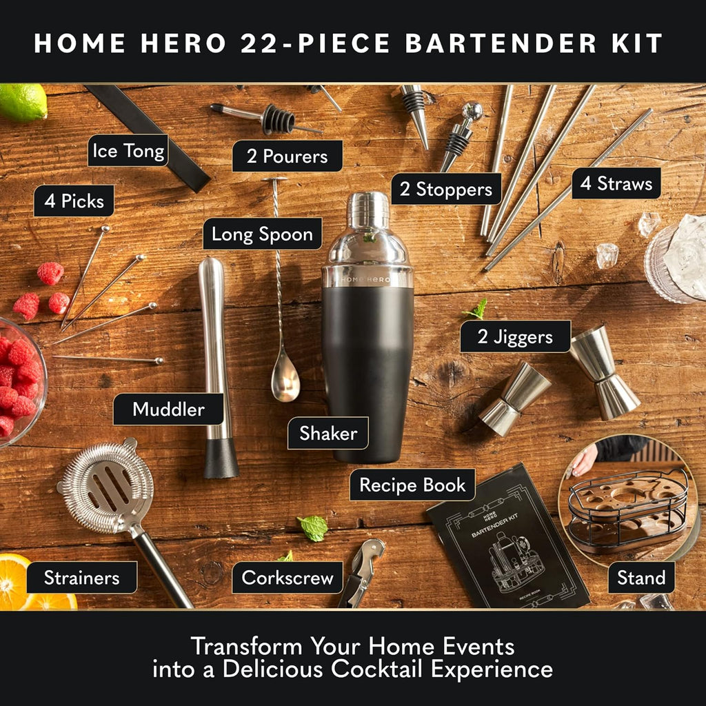 Bartender Kit - 22-Piece Cocktail Shaker & Bar Tool Set - Wooden Stand Display & Bar Cart Accessories - Recipe Book &