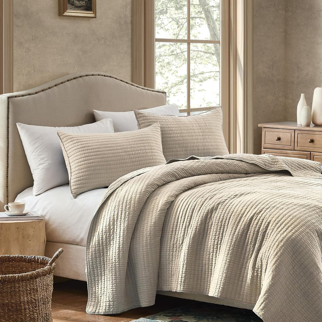 100% Cotton Quilt Set - Beige Neutral Striped Pick Stitch Soft Lightweight Bedspread, Textured Like Linen