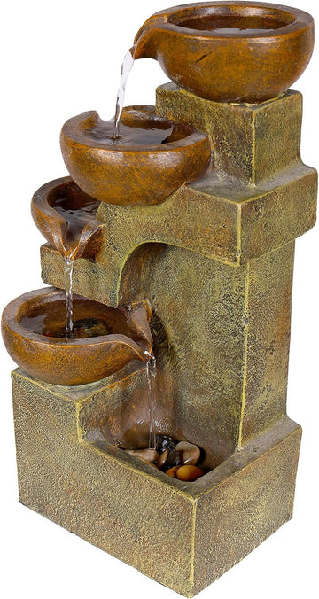 16"H Tabletop Tiered Pouring Pots Waterfall Fountain - Natural Stone-Look Finish Adds Rustic Charm - Brown