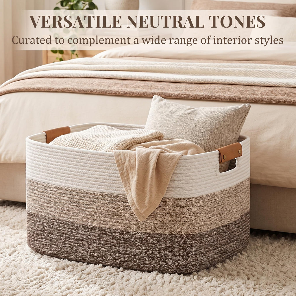 Blanket Basket, 72L Woven Storage basket with Leather Handle, Eco-friendly Decorative Storage Organization for Towels