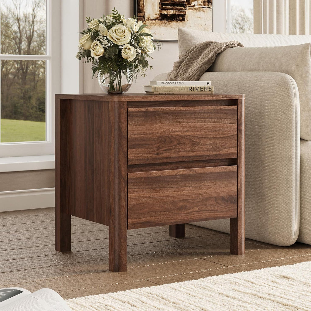 Walnut Nightstands Set of 2, Mid Century Modern Bedside Table with Hidden Handles and Wood Legs, Wooden End Table