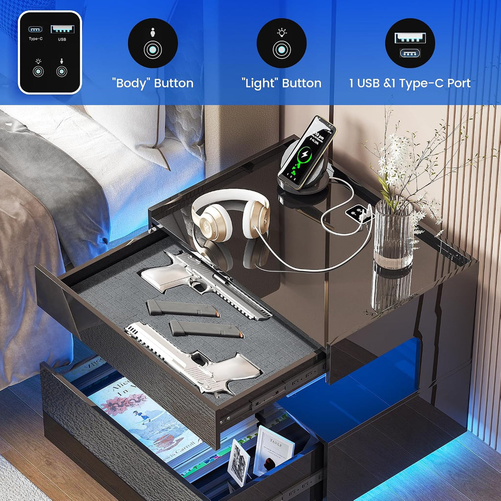 High‐Gloss Smart LED Nightstand | Motion‐Sensor 3‐Color Lighting, Hidden Storage Compartment, Gun Drawers, USB