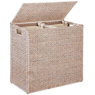 Large Laundry Hamper with Lid, Natural Handwoven Hyacinth Laundry Basket, W/Removeable & Washable Liner Bag