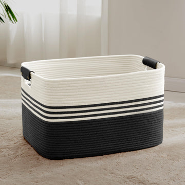 72L Large Woven Laundry Basket Hamper with Leather Handles,Black