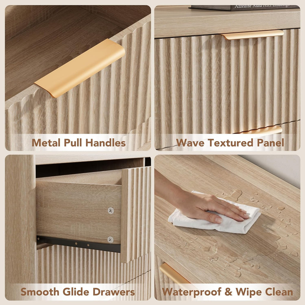 6 Drawer Dresser , Fluted Dressers with Rounded Edge & Raised Lip Top, Anti-Tip Chest of Drawers , Natural Oak