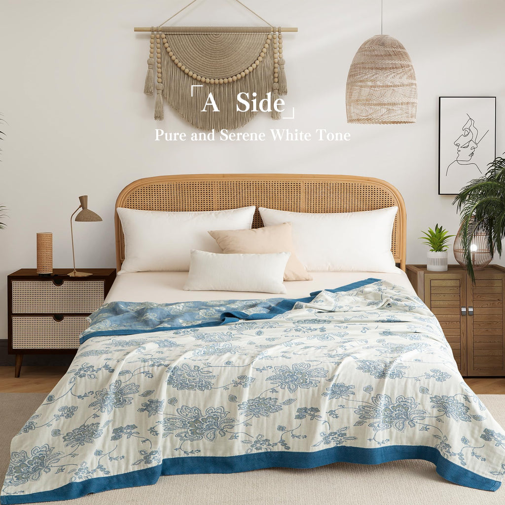 Boho Throw Blanket Full Size, Extra Large Soft Cozy Cotton Muslin Quilt Blanket for Bed Decor, Floral Patterned Couch
