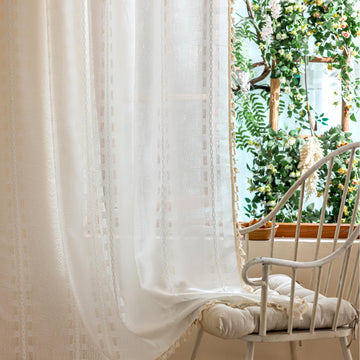 Ivory White Boho Short Curtains 54 inches Long 2 Panels Windows, Bohemian Semi Sheer Drapes, French Country Tassels
