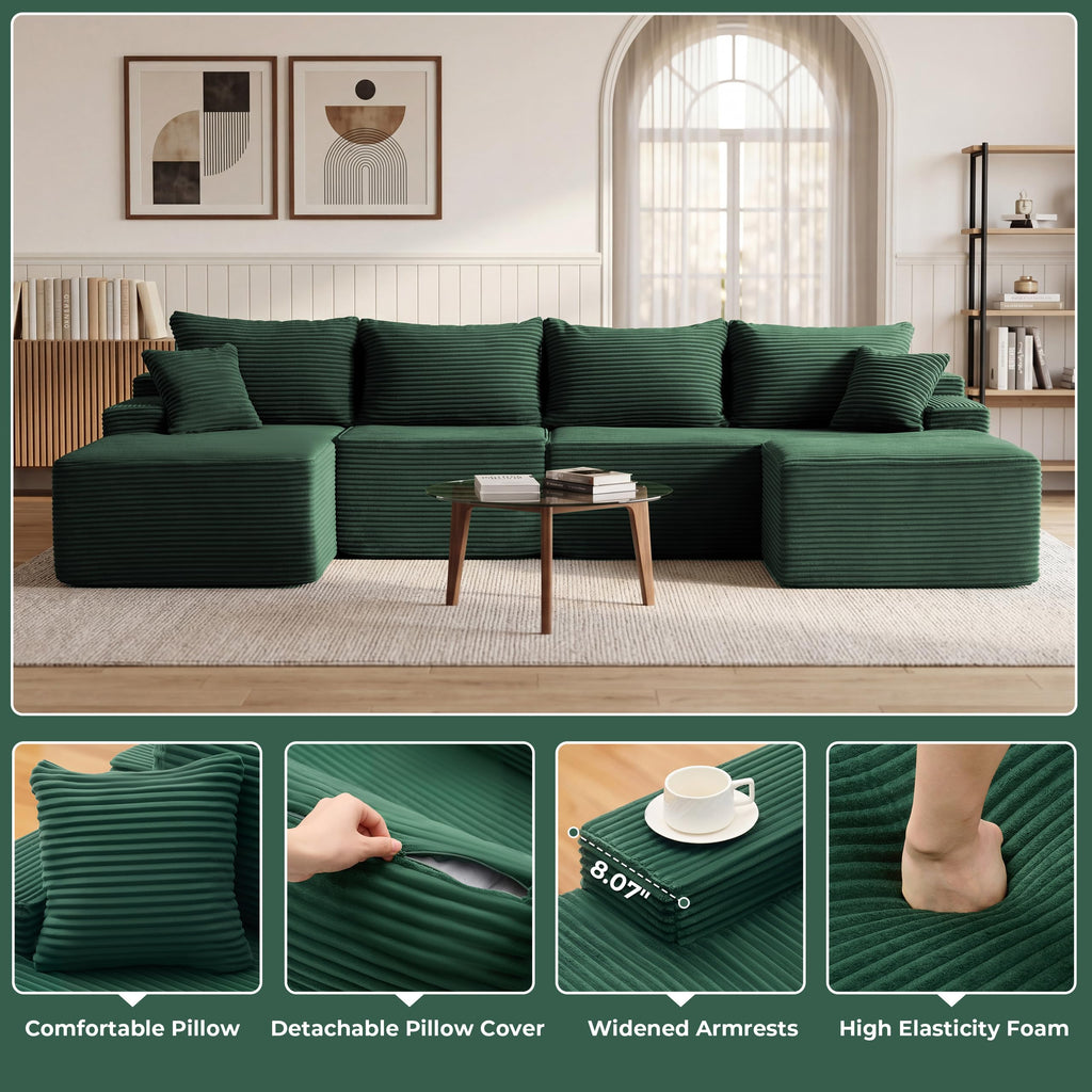 118'' Boneless Couch, U Shaped Couches, Green