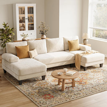 U-Shaped Sectional Couches for Living Room | 112 Inch Modern Sectional Couch | Warm White Chenille Sofa with Double