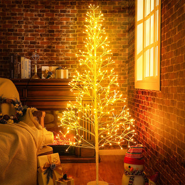 6 Ft 384 LED Christmas Lighted Birch Trees Christmas Artificial Twig Light up Trees Bendable Warm White Lighted