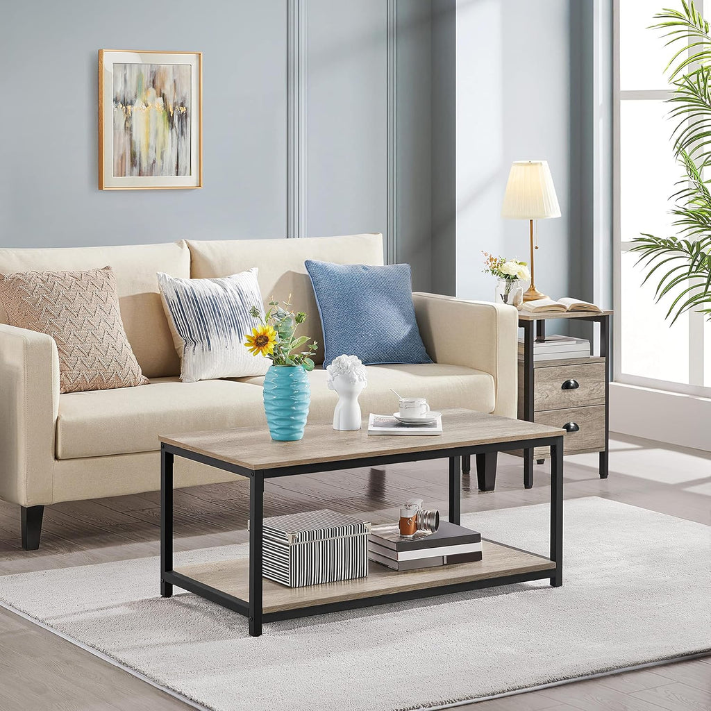 39.5" 2-Tier Coffee Table with Storage Shelve, Industrial Gray Coffee Table, Easy Assembly