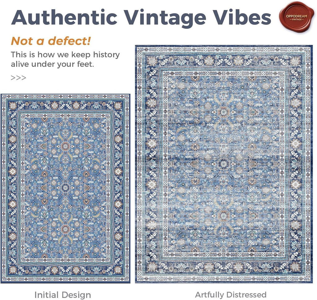 Vintage Blue Area Rugs 9x12, Washable Rug