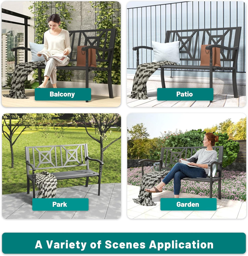 Metal Bench Patio Bench, Outdoor Benches Weatherproof with Lattice Backrest, Wrought Iron Garden Benches for