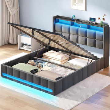 Bed Frame Full with Lift Up Storage, Charging Station & LED Lights, Upholstered Storage Headboard