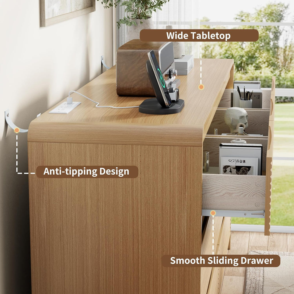 8 Drawer Dresser , 55.12" Chest of Drawers with Charging Station, Long Wood Dresser with Fluted Design & Curved