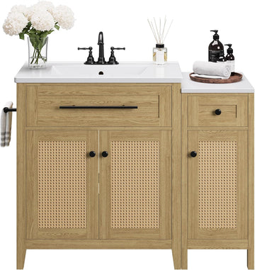 30" Bathroom Vanity with Storage Side Cabinet, Freestanding Bathroom Cabinet with Ceramic Sink, Flip-Down Drawer & Soft Closing Door, Farmhouse