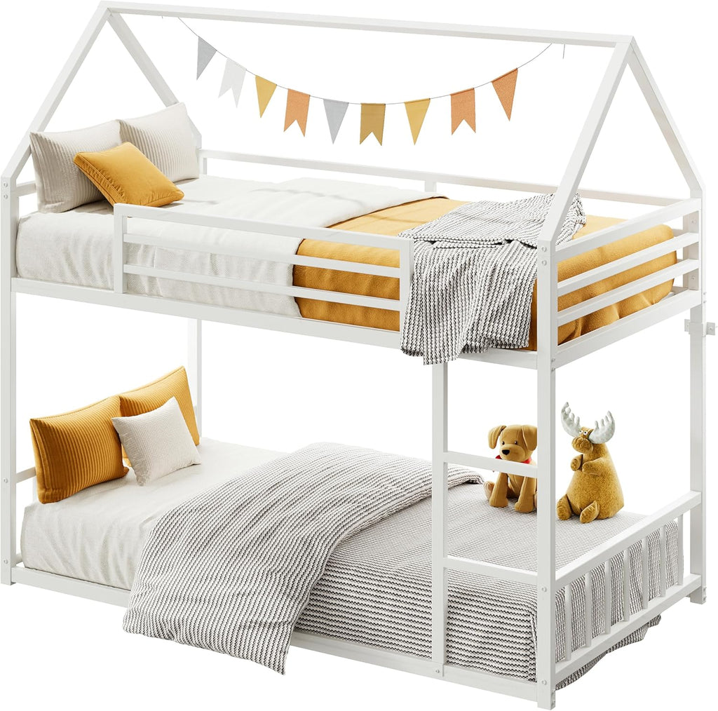 Bunk Bed Twin Over Twin, House Bunk Bed Frame with Ladder and Guardrail