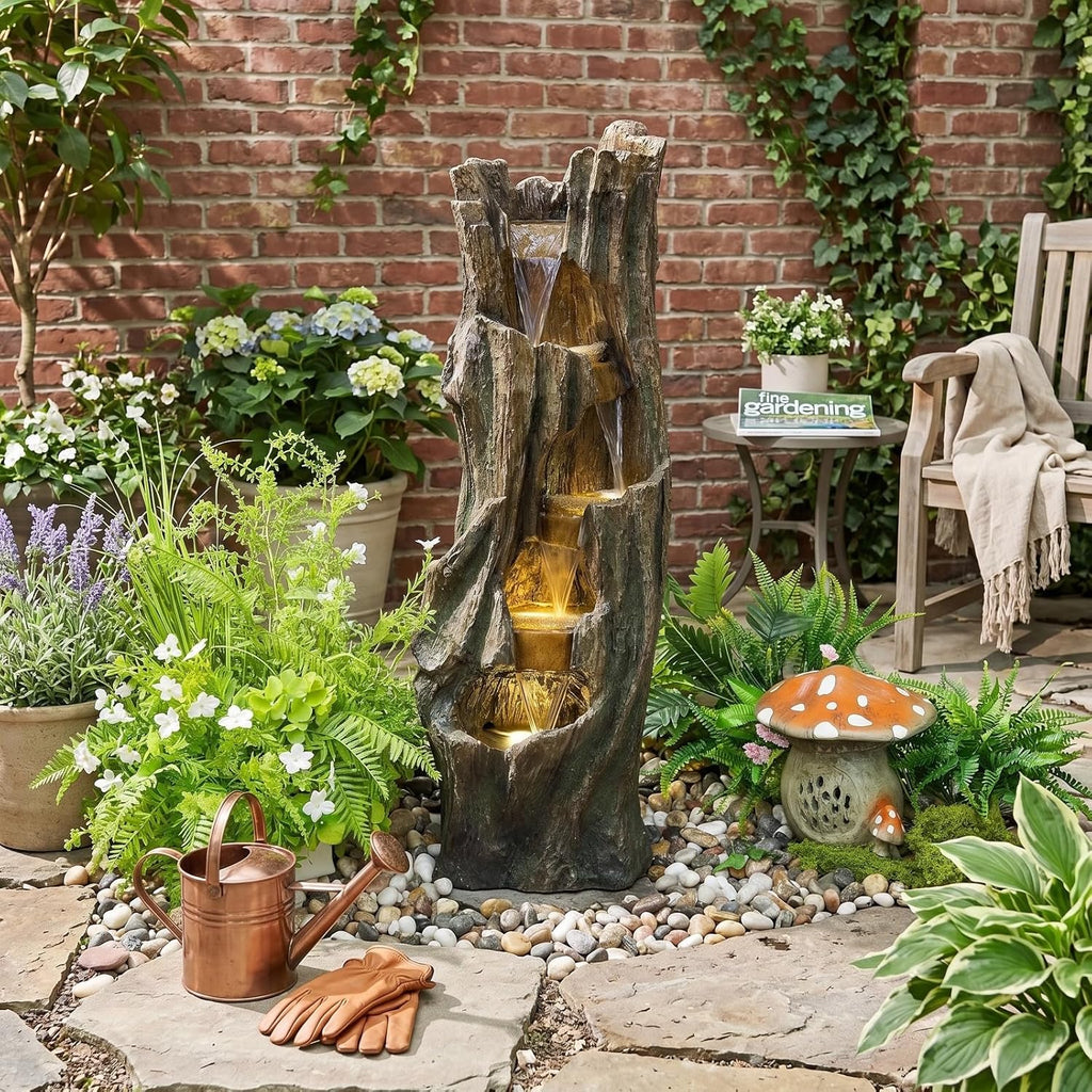 Outdoor Waterfall Fountain 39.4in Tall, Tree Design Garden Fountain with LED Lights