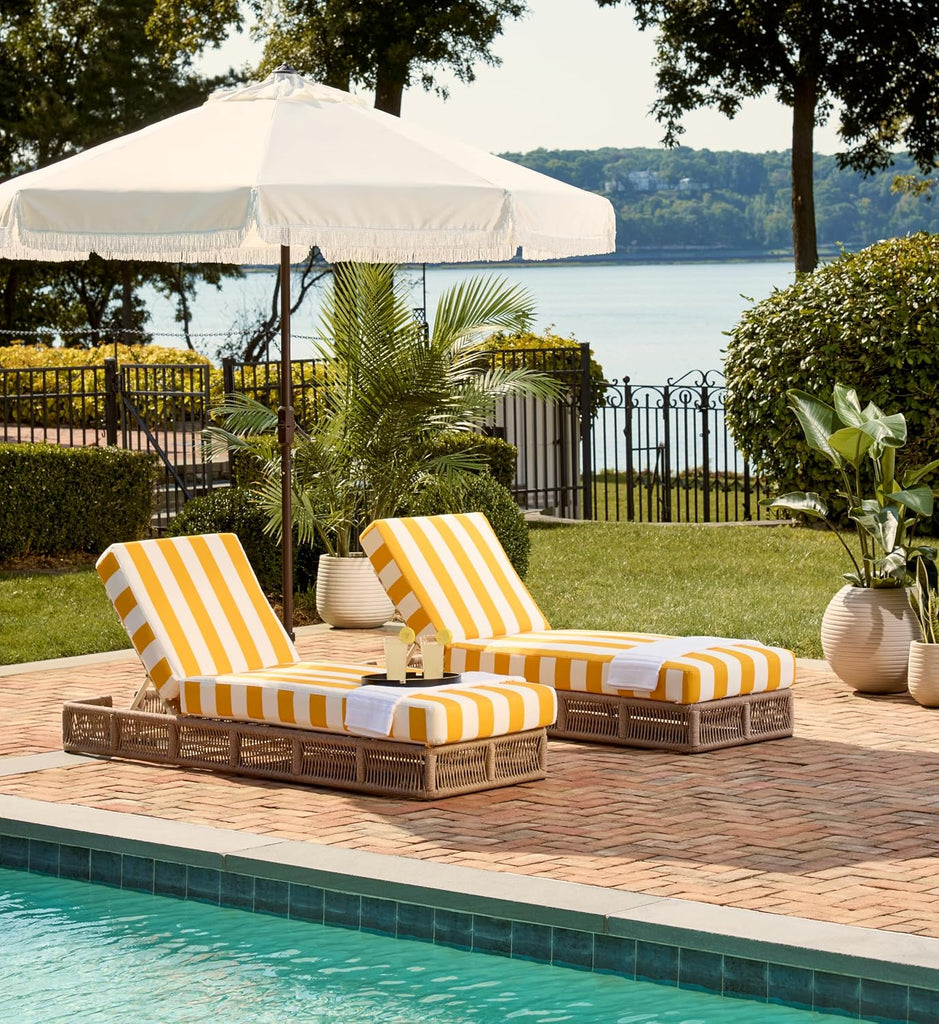 Outdoor Chaise Lounge Chair - Heather Tan & Yellow Stripe - Steel and Woven Rope - Adjustable 5-Position
