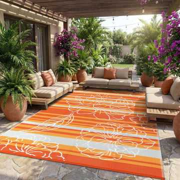 8x10 Outdoor Waterproof Rug, Floral Outdoor Area Rug，Reversible Plastic Straw Patio Rug, Portable Ca