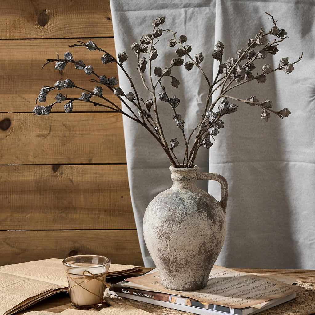 Ceramic Rustic Farmhouse Vase,8.25 inch Terracotta Vase with Handle,Neutral Clay Pot Vases Decorative Vase