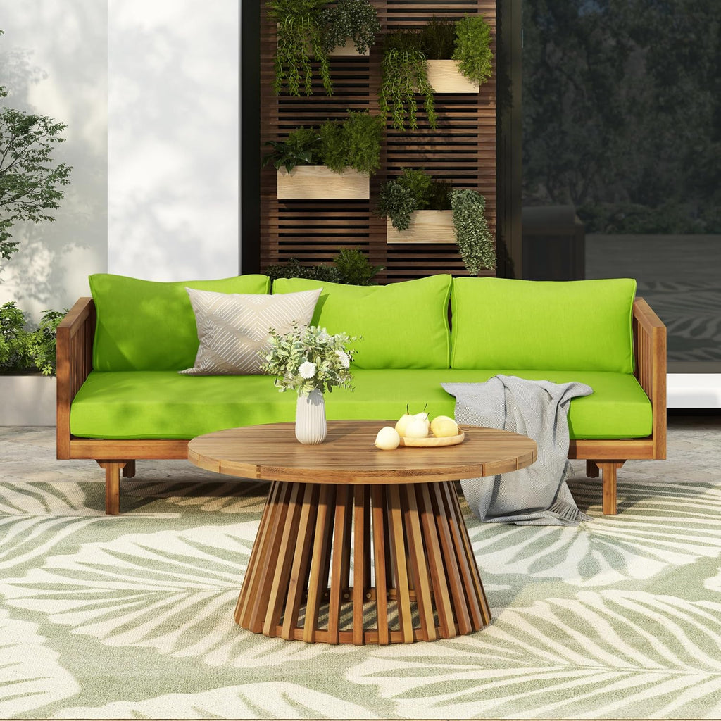 Outdoor Acacia Wood Conversation Set, 3-Seat Loveseat Sofa w/Coushion and Round Coffee Table for Backyard, Patio