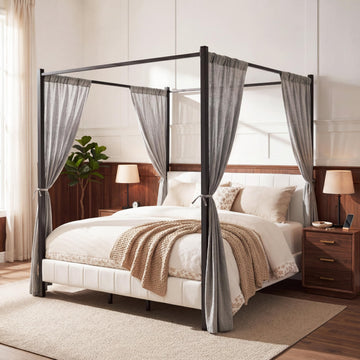 California King Size Upholstered Canopy Bed Frame, Modern Luxury Channel-Tufted Headboard and Footboard, Platform Bed