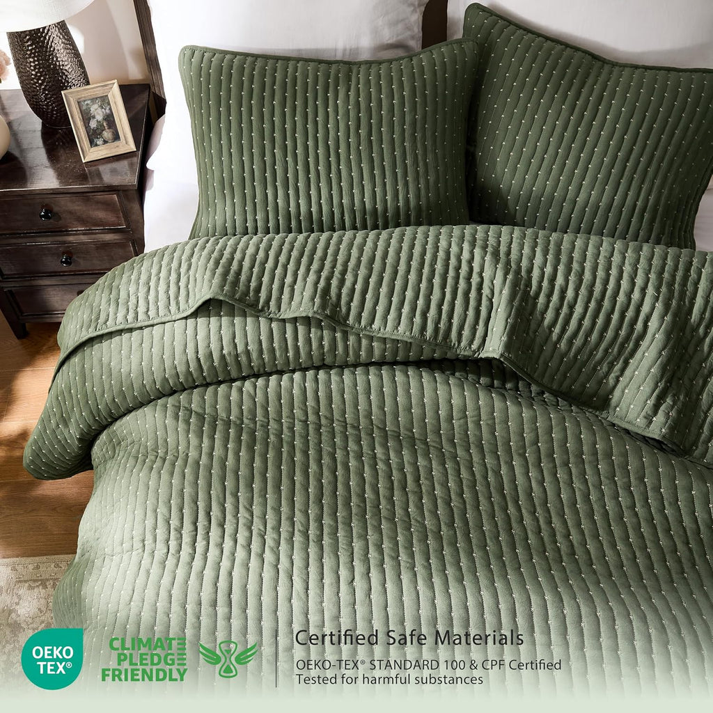 Olive Green Cross Stitch King Quilt Set, Striped Lightweight Soft Bedspread, Channel Farmhouse Rustic Coverlet, All